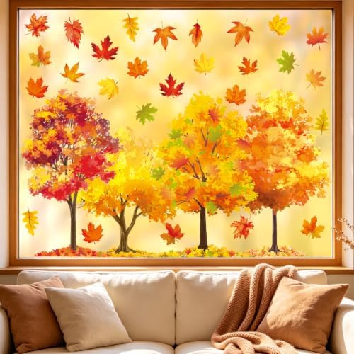 8 Sheets Vintage Fall Leaves Trees Window Clings Thanksgiving Decorations | Reusable Autumn Maple Leaf Tree Windows Cling Decals for Home Office Classroom Party Decor