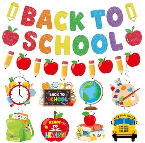Back to School Decorations Welcome Back to School Banner with Hanging Swirls Glitter First Day of School Decorations for Classroom Office Home Party Supplies