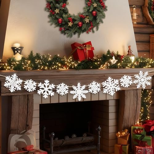 Christmas Decorations Glitter Wooden Snowflake Garland Winter White Snowflake Banner Christmas Winter Themed Party Decorations Supplies for Home Office Fireplace Mantle Windows Shelf Farmhouse Decor
