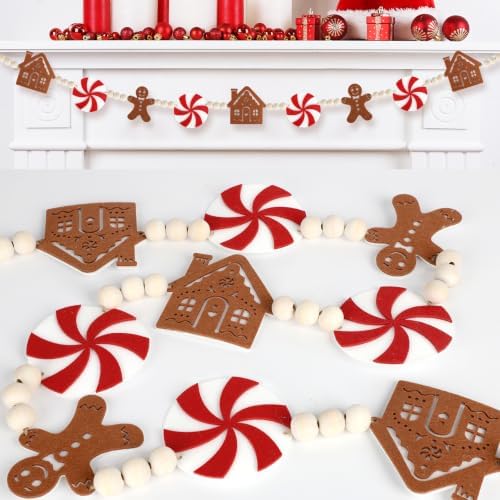 Christmas Garland 6.5Ft Felt Gingerbread Man Garland & House with Wood Beads Banner Rustic Gingerbread Ornaments Christmas Tree Ornaments for Home Office Decor