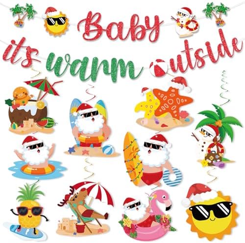 Christmas in July Decorations Summer Christmas Decorations Glitter Baby Its Warm Outside Banner Tropical Beach Santa Hanging Swirls for Hawaiian Luau Beach Theme Party Decorations