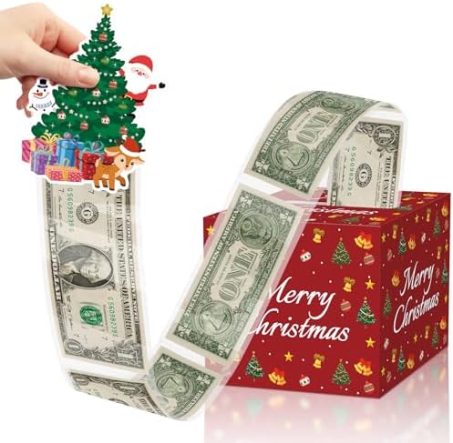 Christmas Money Box for Cash Gift Pull Surprise Money Gift Boxes for Cash with Pull Out Surprise Merry Christmas Box Holder with 30Pcs Transparent Bags Unique DIY Money Roll Ideas
