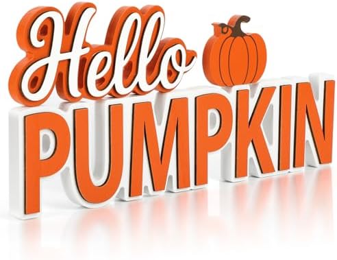 Fall Hello Pumpkin Wooden Sign Thanksgiving Tiered Tray Decorations Fall Decorations for Home Autumn Sign with Hello Pumpkin Lettered Centerpieces for Harvest Halloween
