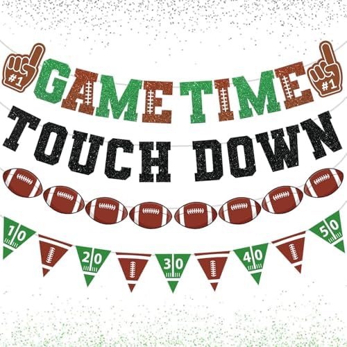 Football Decorations Game Time Touch Down Pre-Strung Football Banner Sports Party Favors Supplies for Indoor Home Birthday Flags