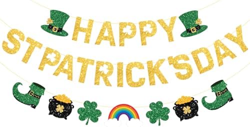 Happy St Patricks Day Banner Glitter St. Patrick's Day Decorations Green Shamrock Banner for Irish Classroom Spring Home Office Indoor Fireplace Mantle Wall