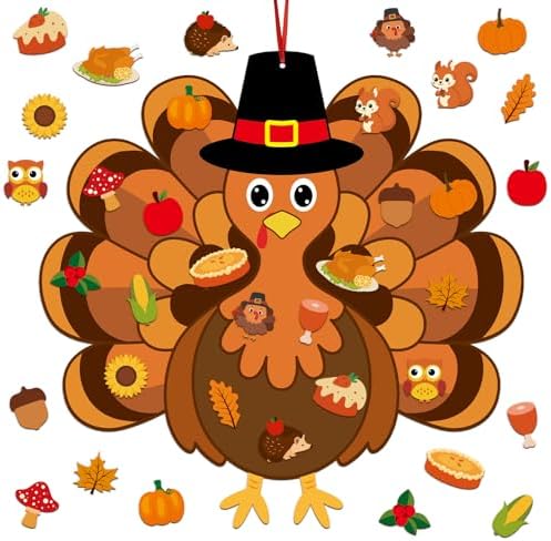 Large Fall Thanksgiving Felt Craft Kit for Kids DIY Turkey Felt Set with Detachable Fall Maple Leaves Squirrel Pine Cones Corns Classroom Craft for Kids