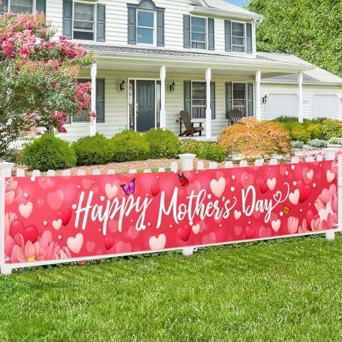 Large Happy Mother's Day Banner Decorations Mothers Day Yard Sign Holiday Hanging Decor 120x20 Inch Love Hearts Flowers Banner Party Supplies for Indoor Outdoor Garden Fence Balcony Welcome Home Decor