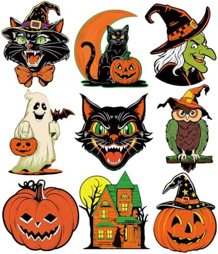 Large Vintage Halloween Decorations Double-Sided Halloween Cutouts Retro Halloween Spooky Ghost Pumpkin Witch Cat Cutouts for Trick or Treat Holiday Party Window Wall Decor