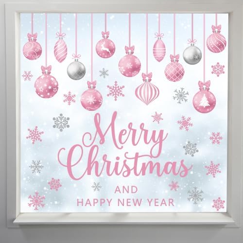Pink Merry Christmas Window Clings Decorations Xmas Ball Cling Set 6 Sheets