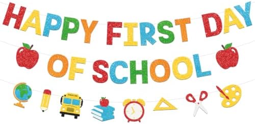 Pre-Strung Happy First Day of School Banner Glitter Back to School Banner First Day of School Decorations for Home School Office Party Supplies