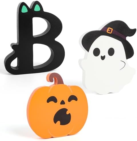 Spooky Halloween Table Decorations Indoor Pumpkin Ghost Boo Sign Set | Wooden Retro Halloween Black Orange Tiered Tray Decor (Cute)
