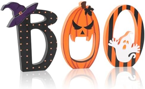 Spooky Halloween Table Decorations Indoor Pumpkin Ghost Boo Sign Set | Wooden Retro Halloween Black Orange Tiered Tray Decor (Ghost)