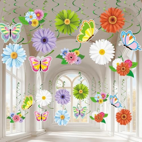 Spring Hanging Swirl Decorations for Home 58Pcs Flower Butterfly Hanging Swirls Ceiling Decor Colorful Flowers Butterfly Cutouts for Classroom Birthday Party Baby Shower Mother's Day Wedding Supplies