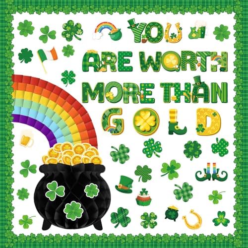 St. Patrick's Day Bulletin Board Decoration with Honeycomb 3D Rainbow Pot of Gold Lucky Shamrock Cutouts for Irish Clover School Classroom Happy St Patrick's Day Party Supplies