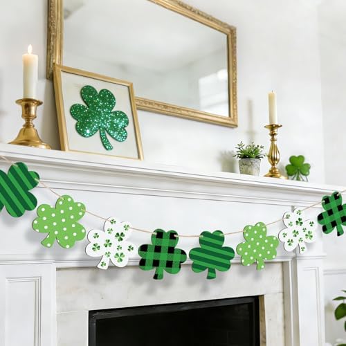 St. Patrick's Day Decorations Wooden Lucky Shamrock Garland St. Patrick's Day Banner Irish Holiday Hanging Decoration for Fireplace Mantel Walls Party Supplies Home Decor