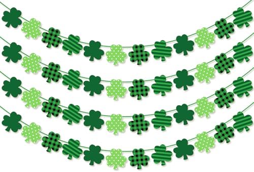 St Patricks Day Banner 4Pcs Felt Shamrock Garland St. Patrick's Day Decorations Buffalo Plaid Dark Green Light Green Happy St. Patrick's Day Banner for Home Office Irish Party Supplies