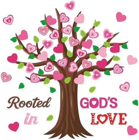 Valentine's Day Bulletin Board Decorations Rooted in God's Love Tree Cutouts Valentine's Day Pink Heart Cards Name Tags Religious Sunday School Church Chalkboard Wall Decoration Supplies