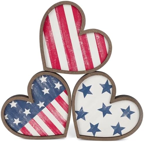Vintage 4th of July Decorations Wooden Hearts Set of 3 (Print)