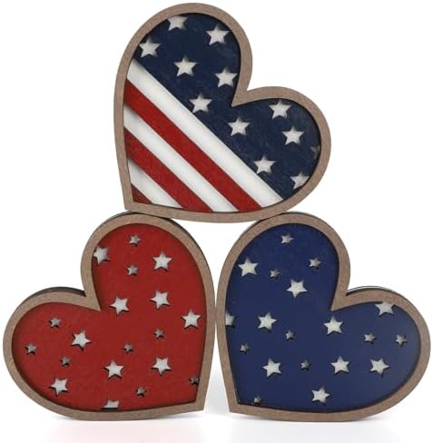 Vintage 4th of July Decorations Wooden Hearts Set of 3 (Hollow)