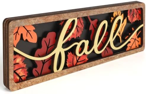 Vintage Fall Leaves Decorations for Office Home Table Mantel Shelf Desk | 4x12 Inch Wooden Farmhouse Thanksgiving Decor