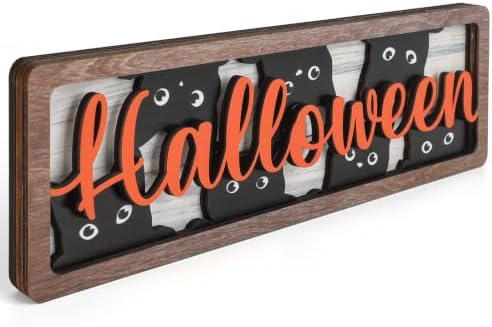 Vintage Halloween Black Cat Decorations for Office Home Table Mantel Shelf | 4x12 Inch Wooden Retro Farmhouse Halloween Cats Sign
