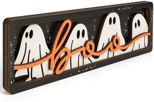 Vintage Halloween Boo Decorations for Office Home Table Mantel Shelf Desk | 4x12 Inch Wooden Retro Farmhouse Halloween Ghost Sign