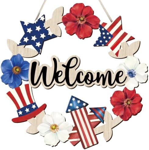 Vintage Patriotic Red Blue White Door Decorations Welcome Sign