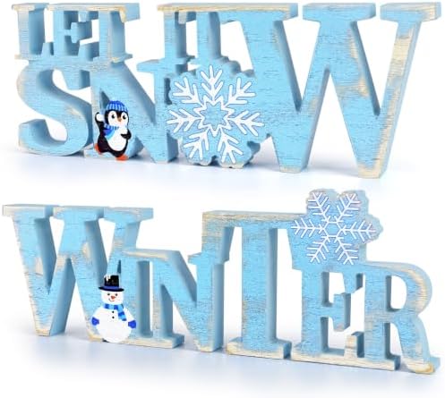 Vintage Winter Let It Snow Decorations Snowflake Table Centerpiece Sign Set | 4"x11" 2PCS Blue Winter Snowman Decorations for Home Office Shelf Mantel Indoor Party Table (Decor B)