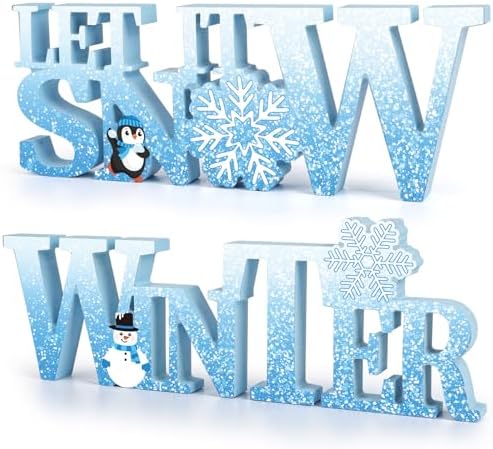 Vintage Winter Let It Snow Decorations Snowflake Table Centerpiece Sign Set | 4"x11" 2PCS Blue Winter Snowman Decorations for Home Office Shelf Mantel Indoor Party Table (Decor A)