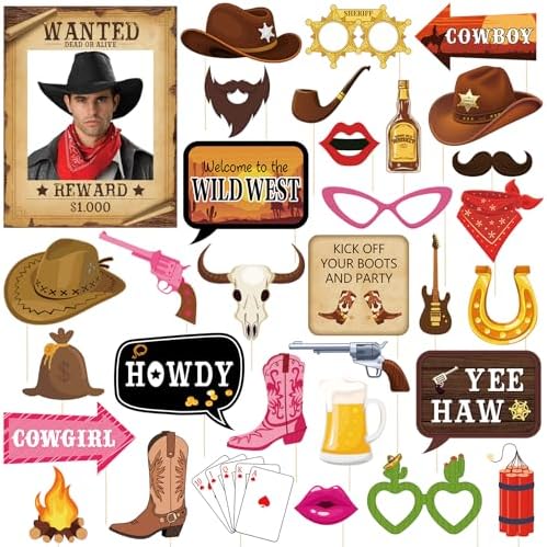 Western Photo Booth Props Wild West Party Decorations Western Decorations Texas Theme Props with Wanted Sign for Cowgirl Bachelorette Party Cowboy Birthday Party Supplies