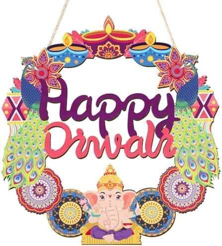 Wood Wreath for Front Door Porch Window Wall Hanging Decor (Diwali)