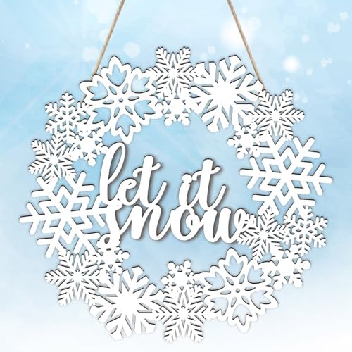 Wood Wreath for Front Door Porch Window Wall Hanging Decor (Snowflake)