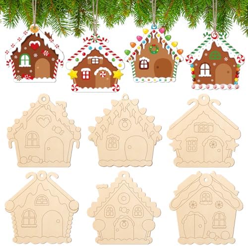 Wooden Christmas Ornaments to Paint for Kids Adults Set of 24 (Gingerbread House)